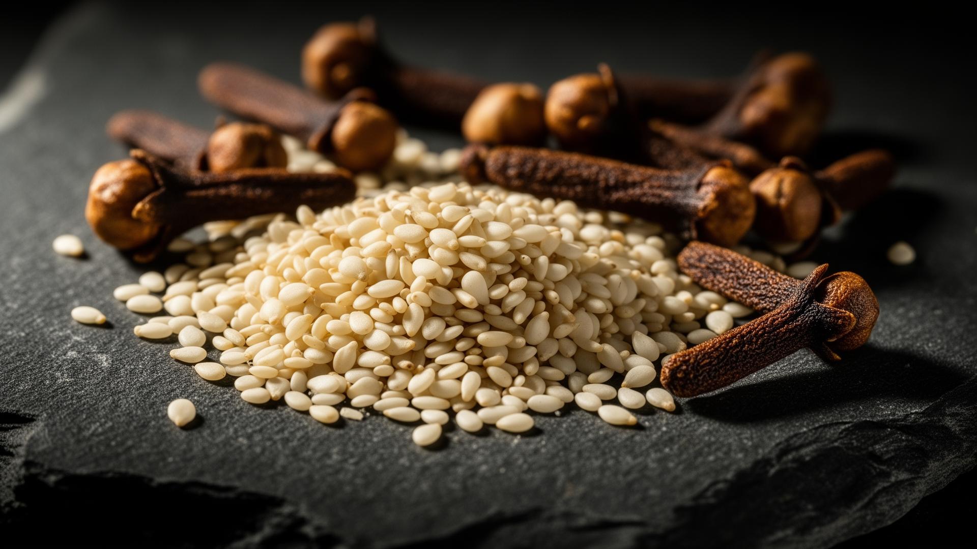 Sesame seeds and dried cloves arranged on dark stone