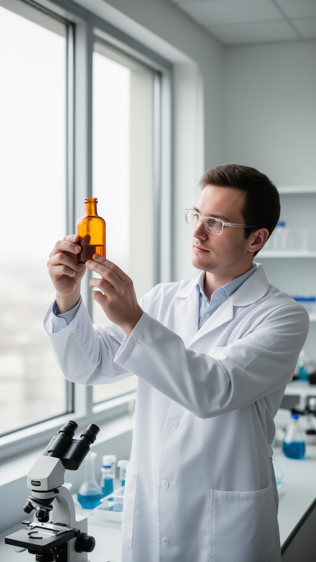 Prima Labo scientist examining an amber vial at the bench
